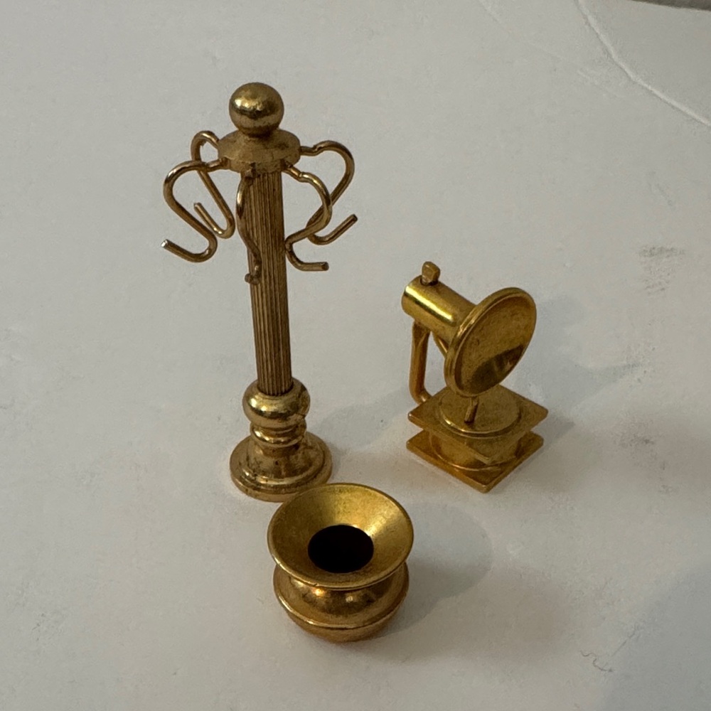 Vintage Brass Dollhouse Miniature Set Coat Rack Phonograph & Spittoon
